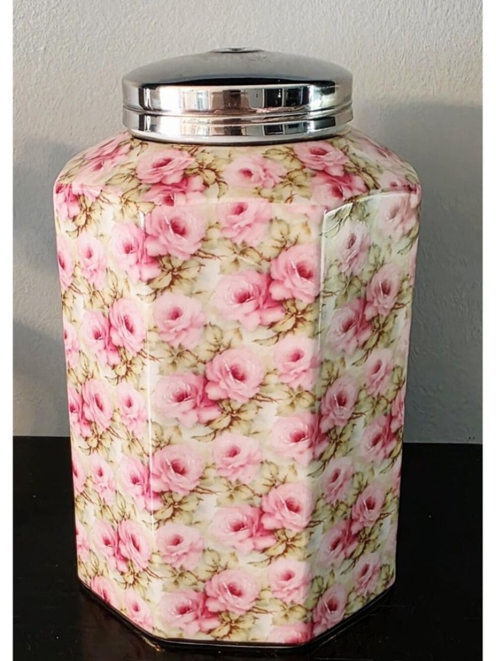 Vintage MCM Royal Staffordshire Pink Floral Biscuit Barrel